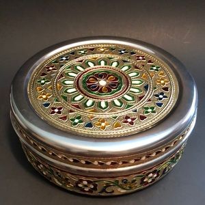 Round Festival Handcrafted Meenakari Printed Stainless Steel storage box